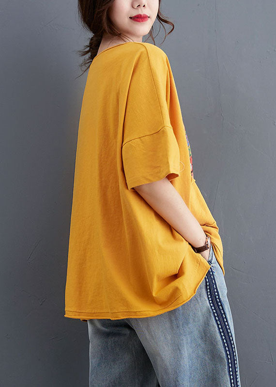 Yellow Loose O-neck Print Fall Tees Half Sleeve