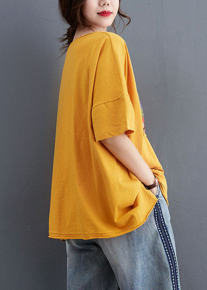 Yellow Loose O-neck Print Fall Tees Half Sleeve