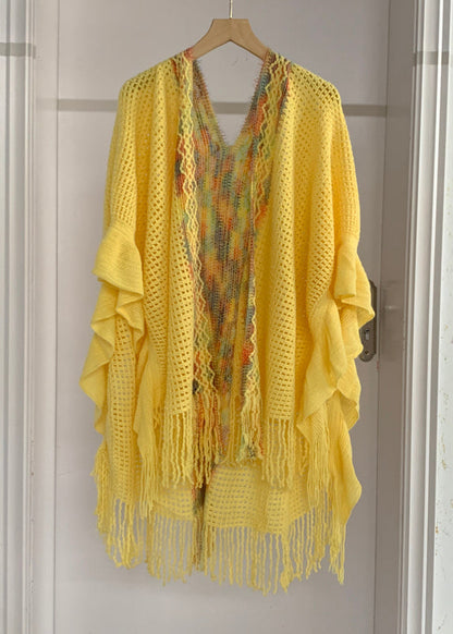 Yellow Low High Design Tassel Knit Shawl Batwing Sleeve