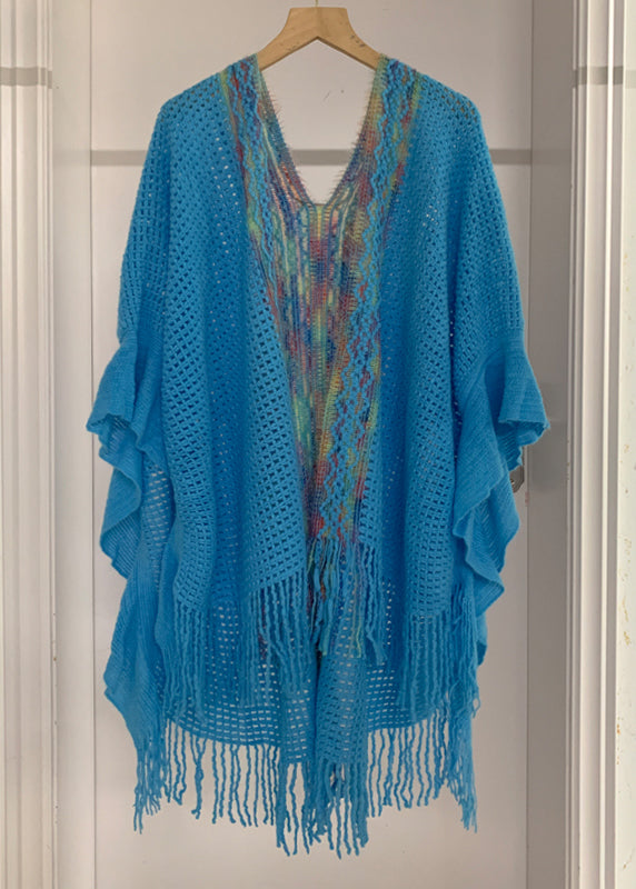 Yellow Low High Design Tassel Knit Shawl Batwing Sleeve