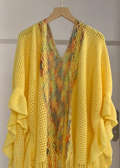 Yellow Low High Design Tassel Knit Shawl Batwing Sleeve