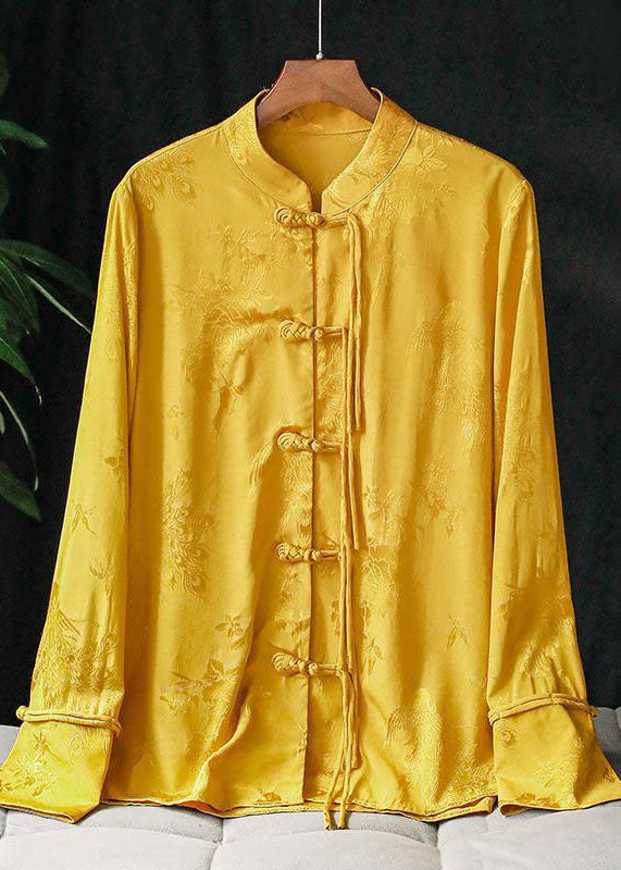 Yellow Mandarin Collar Jacquard Tassel Silk Shirt Top Long Sleeve
