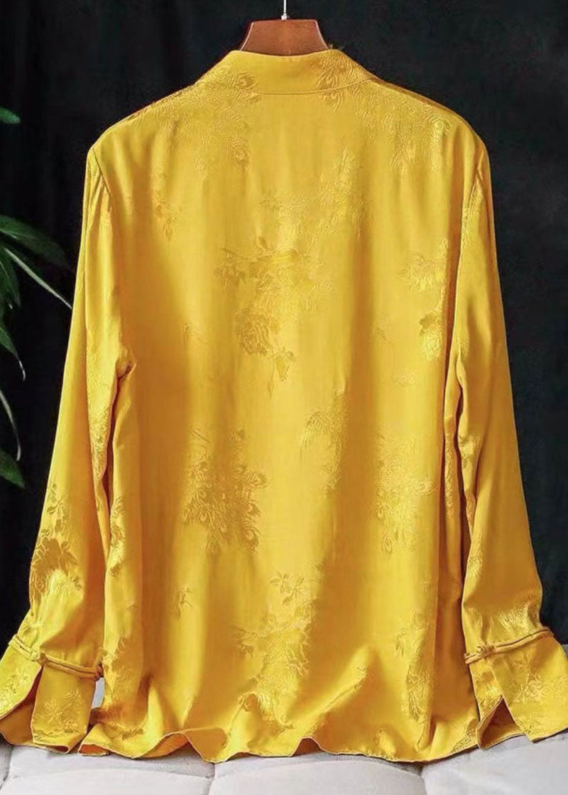 Yellow Mandarin Collar Jacquard Tassel Silk Shirt Top Long Sleeve