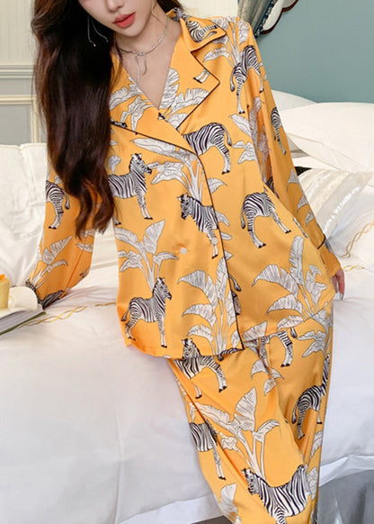 Yellow Notched Print Shirts and Pants Two Pieces Set Spring