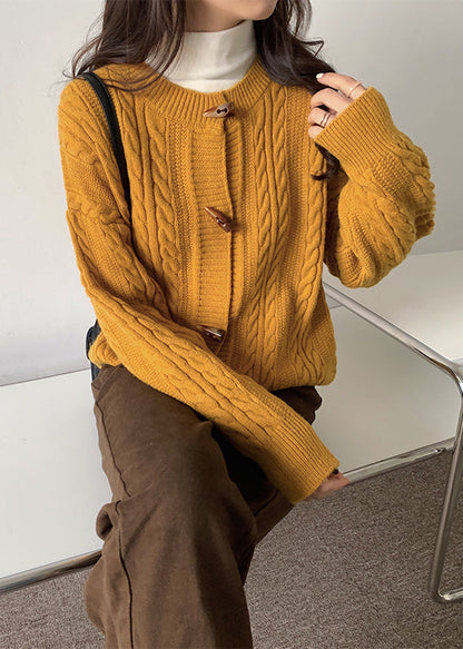 Yellow O Neck Button Cable Knit Cardigans Spring