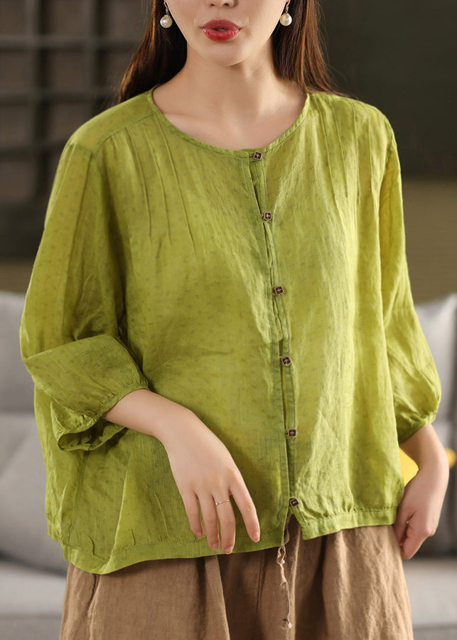 Yellow O Neck Button Linen Top Summer