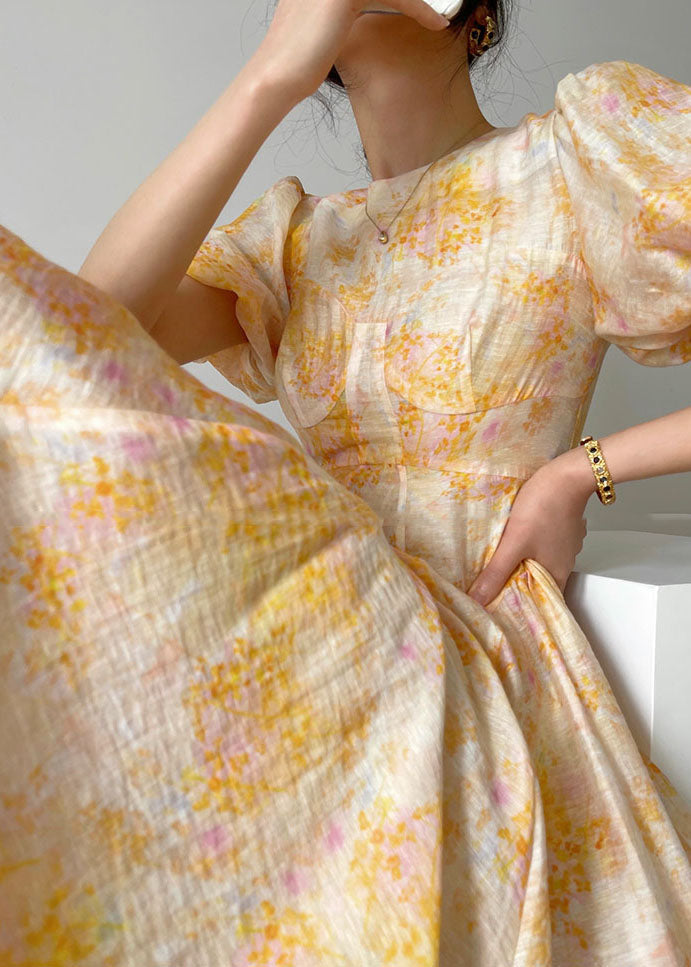 Yellow O-neck Print Slim Fit Silk Holiday Dresses Lantern Sleeve