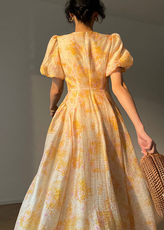 Yellow O-neck Print Slim Fit Silk Holiday Dresses Lantern Sleeve