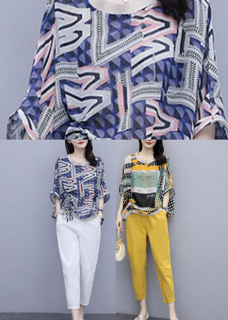 Yellow O-neck Print Top and Pants Two Pieces Set Summer