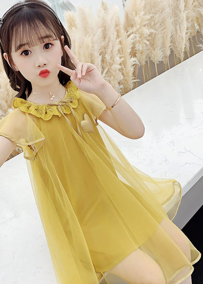 Yellow O-neck Wrinkled Tulle Kids Long Dress Summer