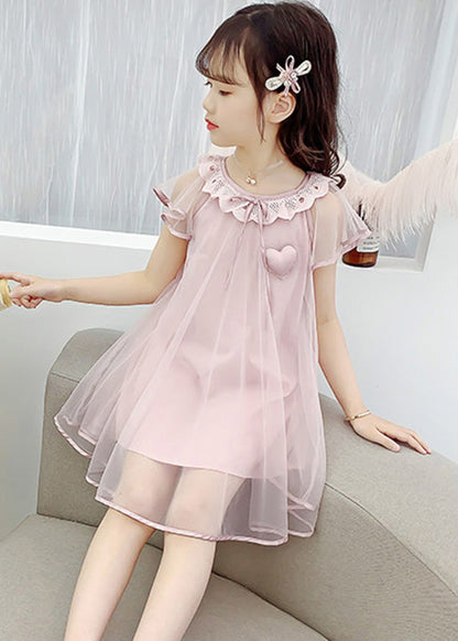 Yellow O-neck Wrinkled Tulle Kids Long Dress Summer