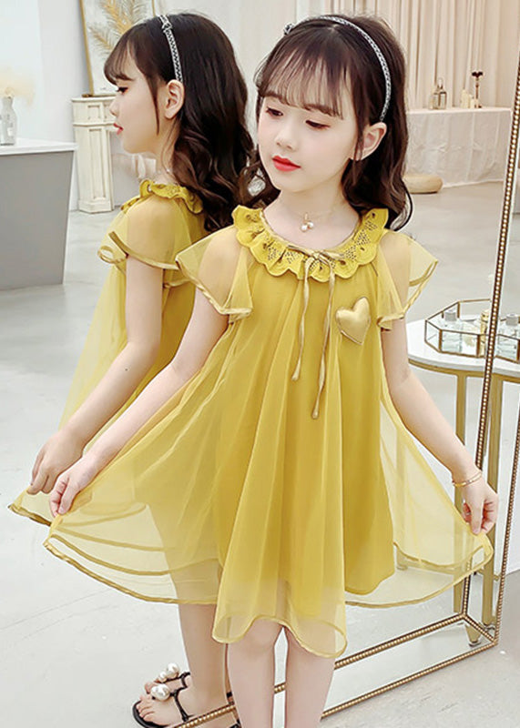 Yellow O-neck Wrinkled Tulle Kids Long Dress Summer