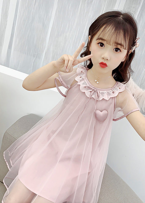 Yellow O-neck Wrinkled Tulle Kids Long Dress Summer