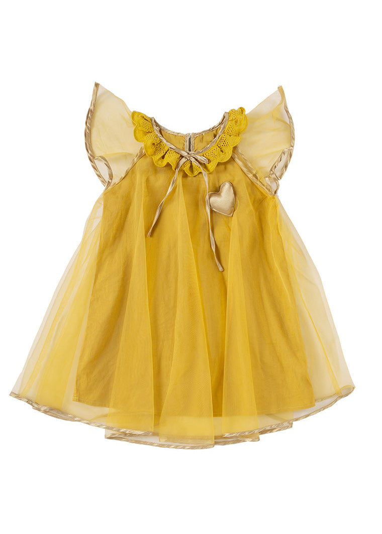 Yellow O-neck Wrinkled Tulle Kids Long Dress Summer