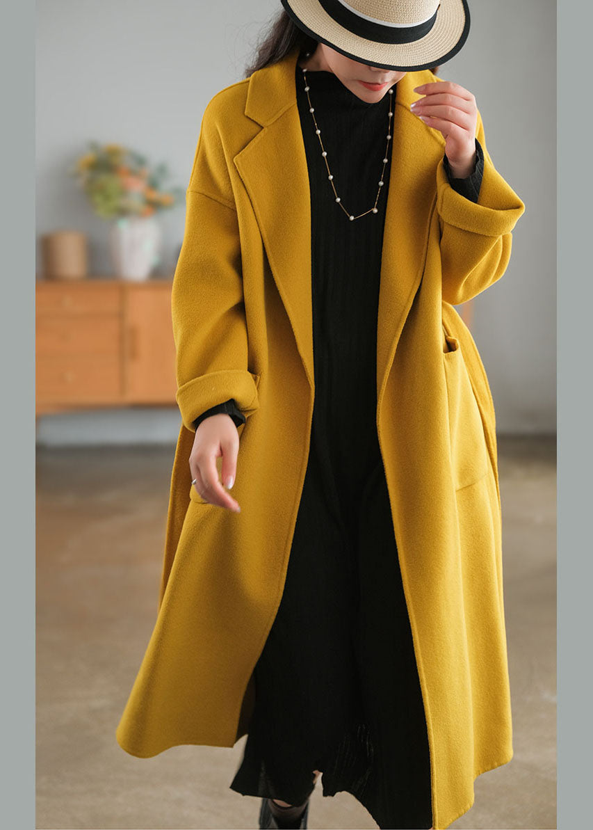 Yellow Oversized Pockets Woolen Coats Winter
