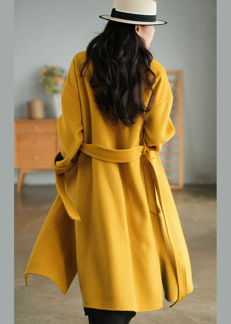 Yellow Oversized Pockets Woolen Coats Winter
