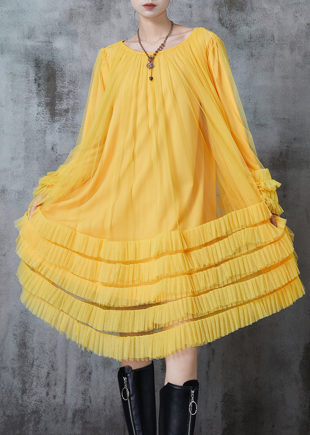 Yellow Oversized Ruffled Tulle Maxi Dresses Spring