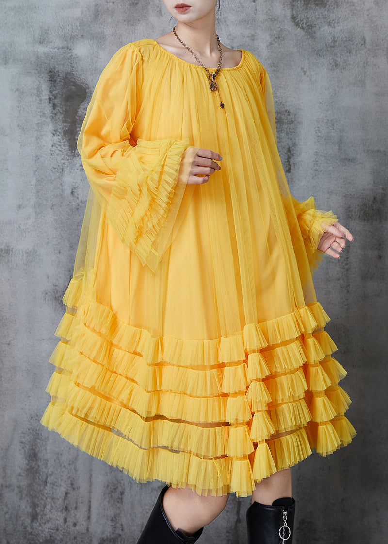 Yellow Oversized Ruffled Tulle Maxi Dresses Spring