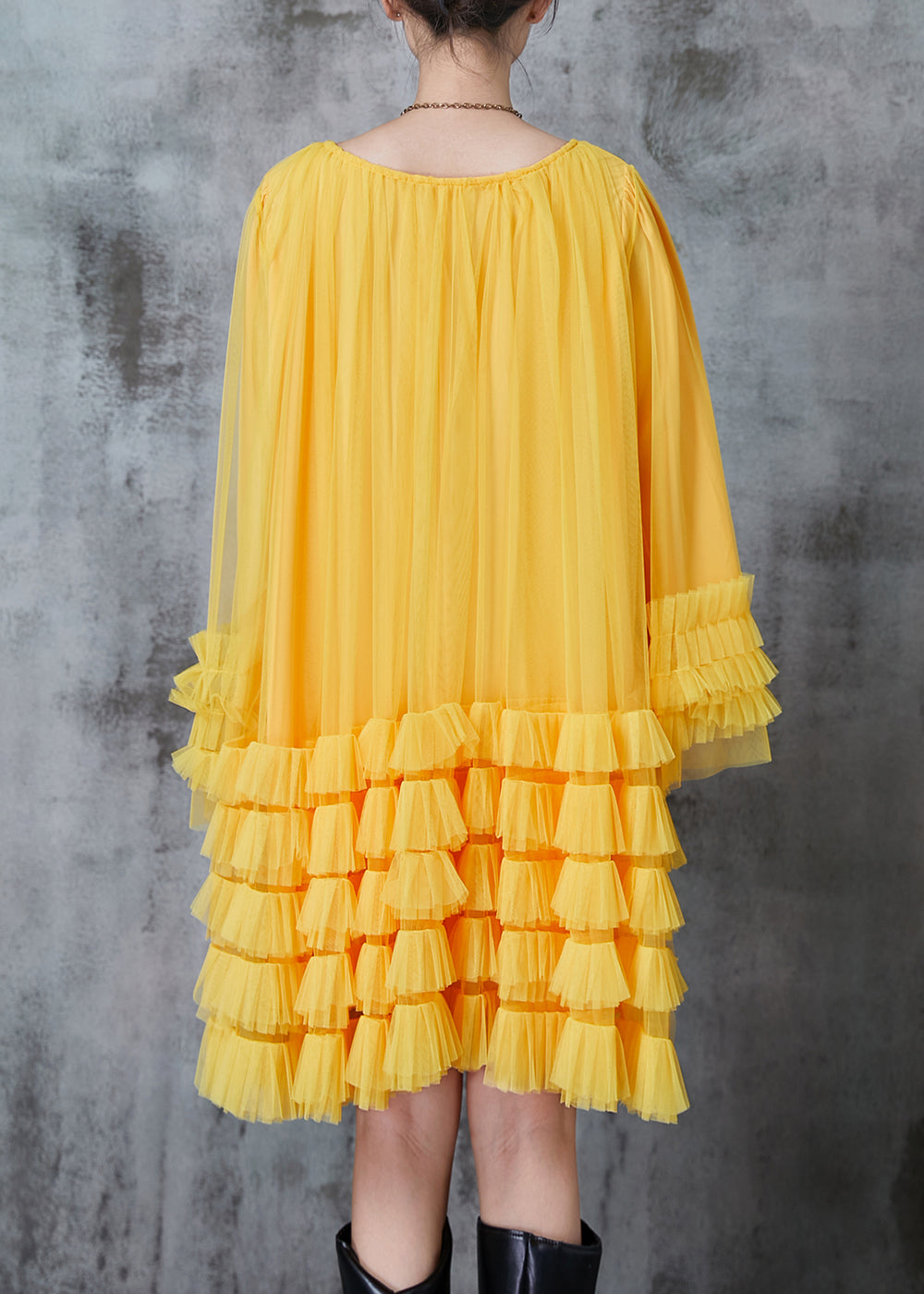 Yellow Oversized Ruffled Tulle Maxi Dresses Spring