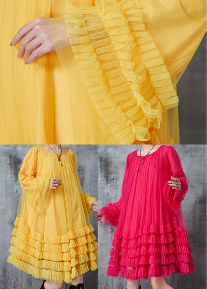 Yellow Oversized Ruffled Tulle Maxi Dresses Spring