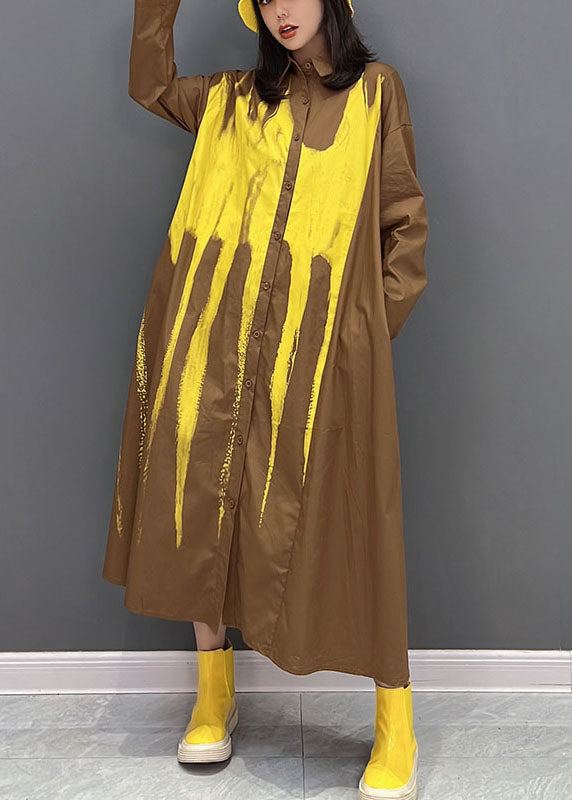 Yellow Oversized Tie Dye Cotton Holiday Dress Fall