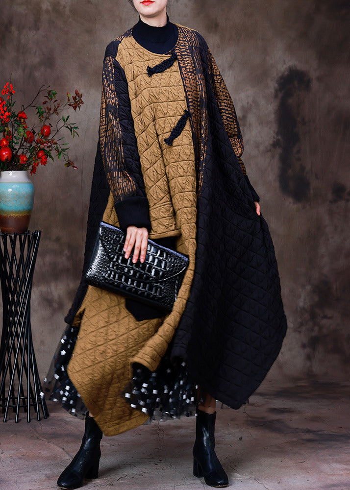 Yellow Patchwork Black Asymmetrical O-neck Thick Maxi Coat Long Sleeve