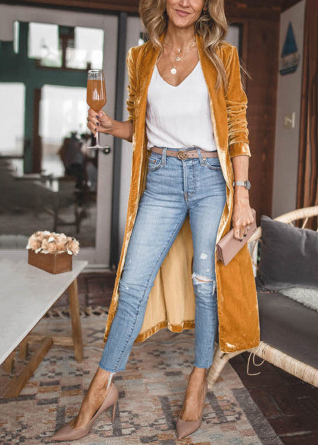 Yellow Pockets Velvet Long Coat Spring