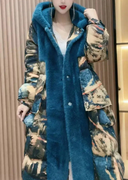 Yellow Print Patchwork Button Faux Fur Thick Long Hooded Coat Winter