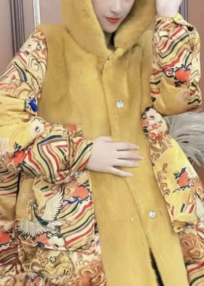 Yellow Print Patchwork Button Faux Fur Thick Long Hooded Coat Winter