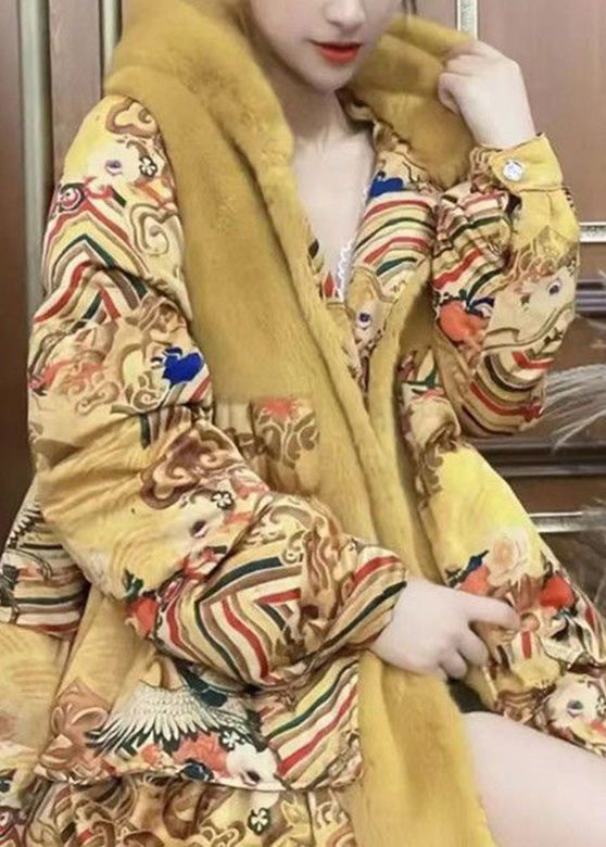 Yellow Print Patchwork Button Faux Fur Thick Long Hooded Coat Winter