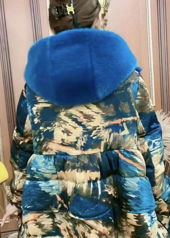 Yellow Print Patchwork Button Faux Fur Thick Long Hooded Coat Winter