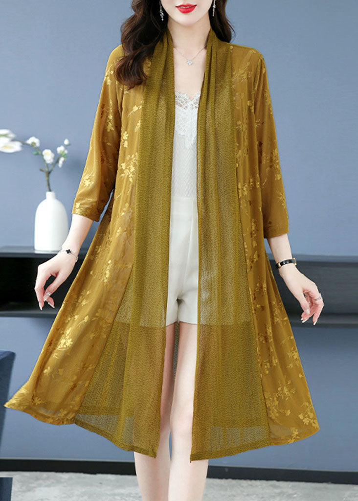 Yellow Print Patchwork Maxi Ice Size Chiffon Cardigans Long Sleeve