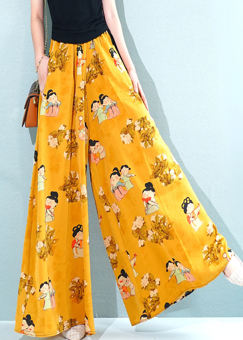 Yellow Print Pockets Oversized Chiffon Pants Skirt Summer