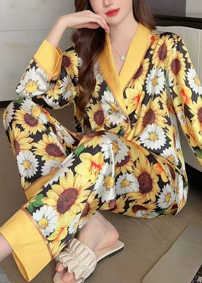 Yellow Print Shirts and Pants Ice Silk Pajamas Two Piece Set Spring