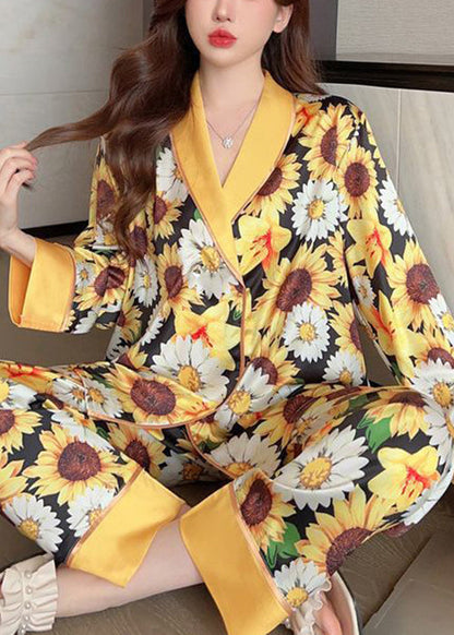 Yellow Print Shirts and Pants Ice Silk Pajamas Two Piece Set Spring