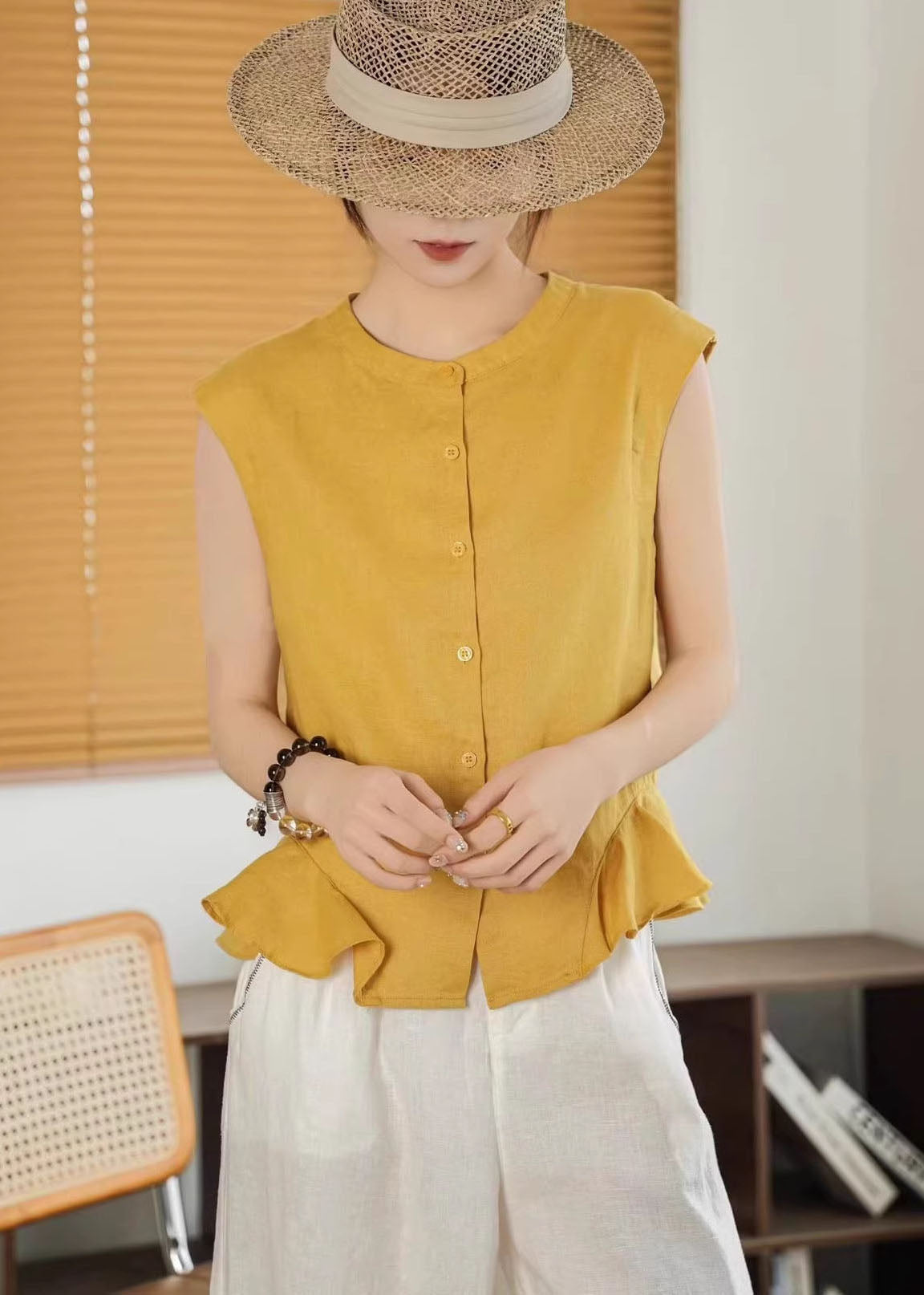 Yellow Ruffled Button Linen Shirt Tops Sleeveless