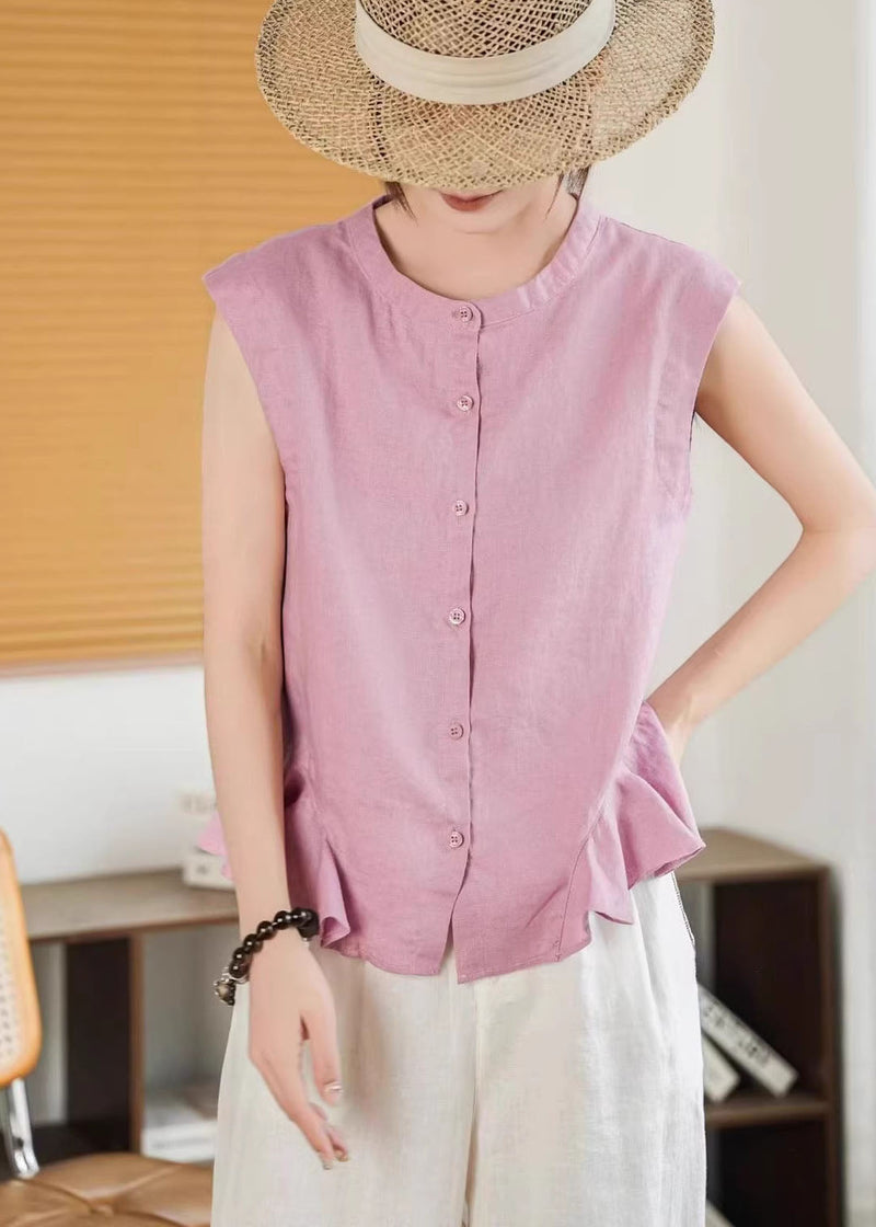 Yellow Ruffled Button Linen Shirt Tops Sleeveless