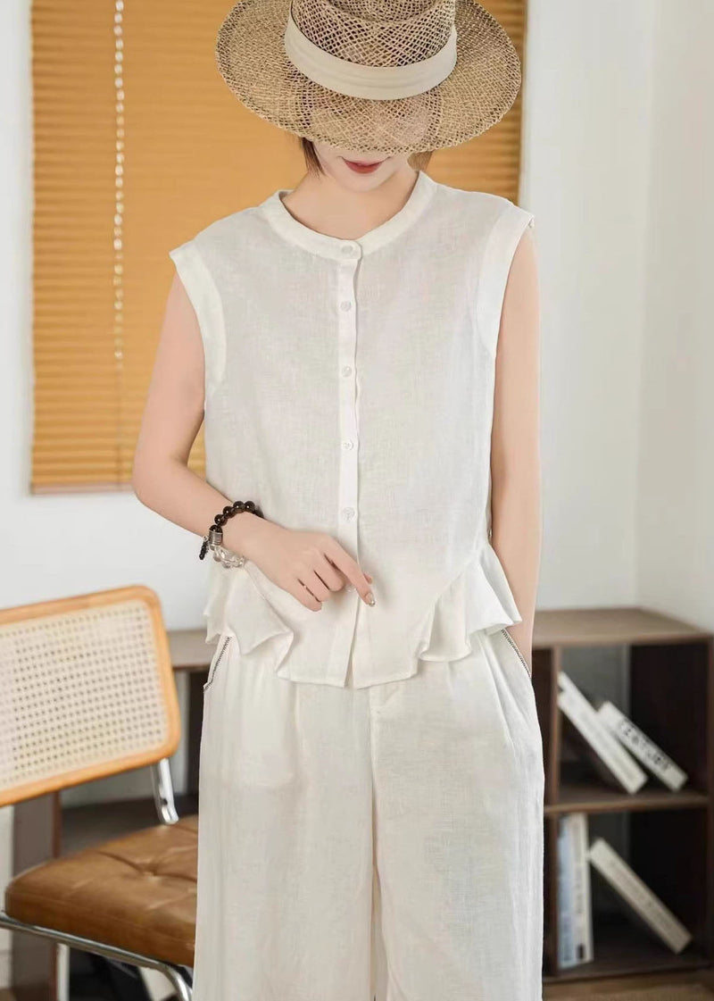 Yellow Ruffled Button Linen Shirt Tops Sleeveless