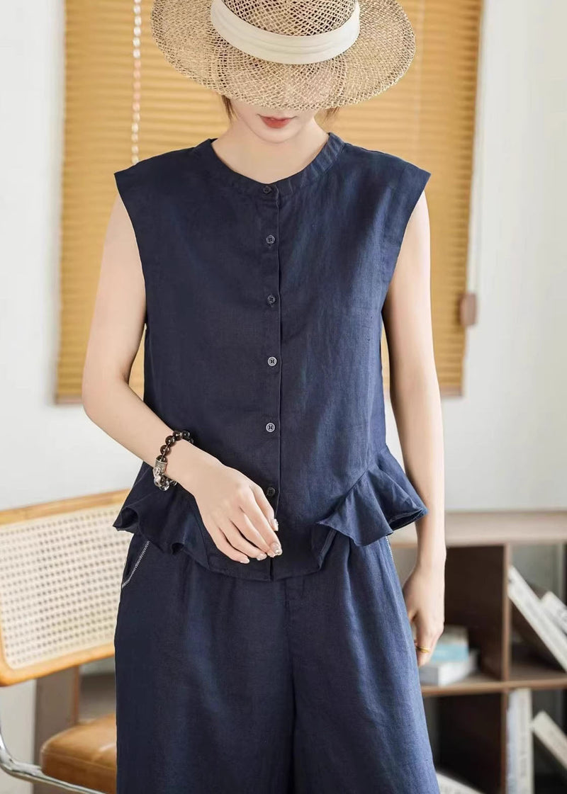 Yellow Ruffled Button Linen Shirt Tops Sleeveless