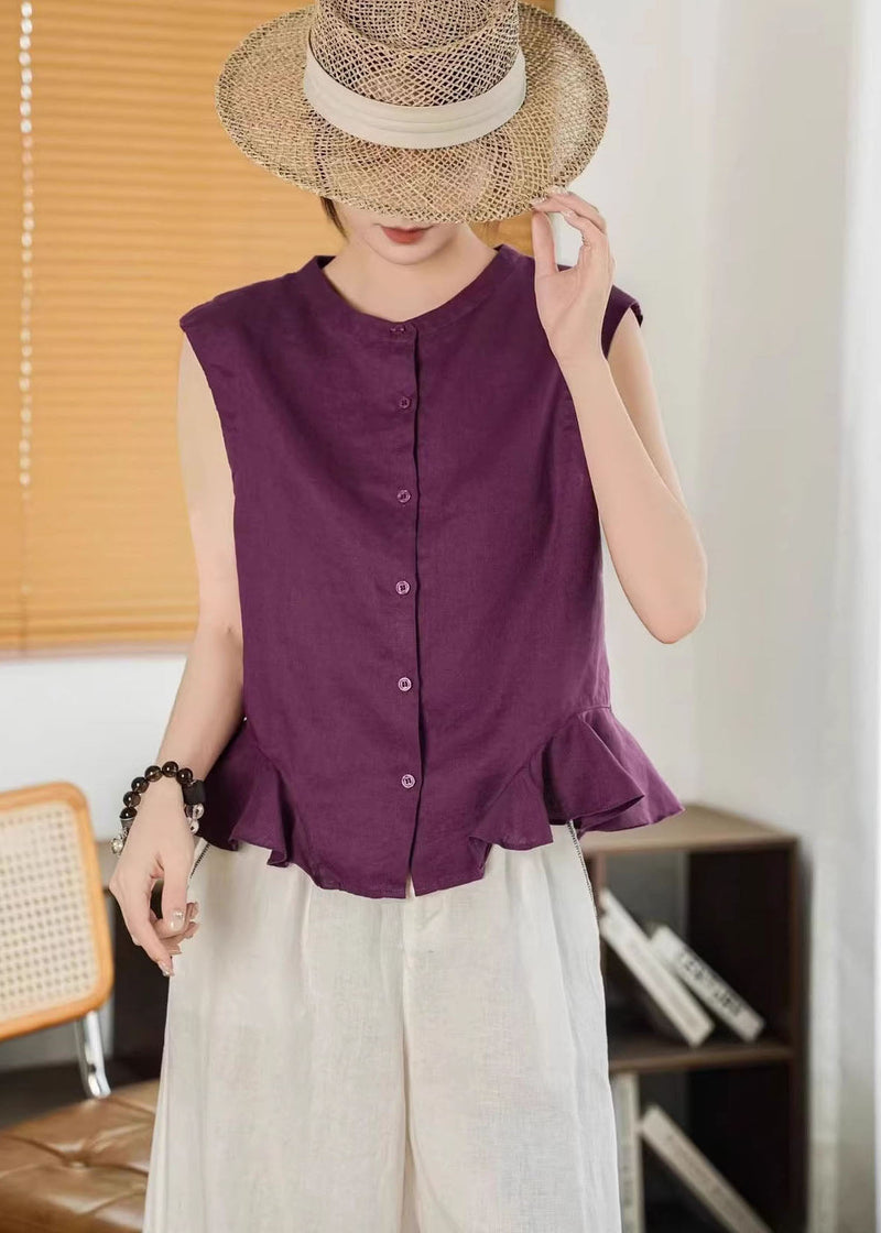 Yellow Ruffled Button Linen Shirt Tops Sleeveless