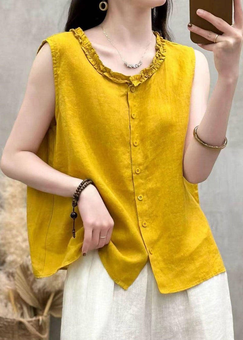 Yellow Ruffled Button Patchwork Linen Top Sleeveless
