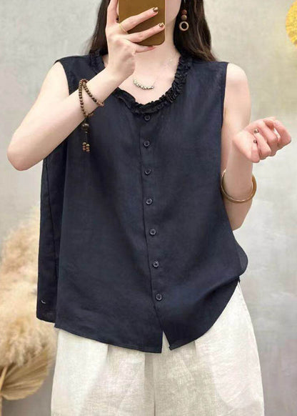 Yellow Ruffled Button Patchwork Linen Top Sleeveless