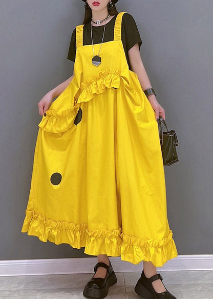 Yellow Slash Neck Dot Print Spaghetti Strap Dress Sleeveless