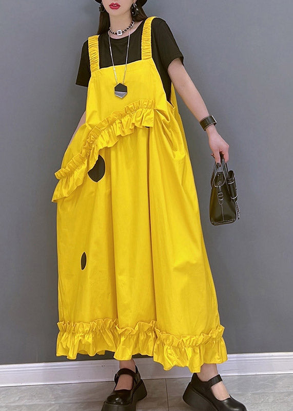 Yellow Slash Neck Dot Print Spaghetti Strap Dress Sleeveless