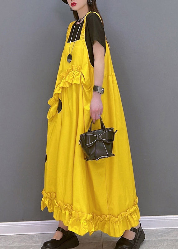 Yellow Slash Neck Dot Print Spaghetti Strap Dress Sleeveless