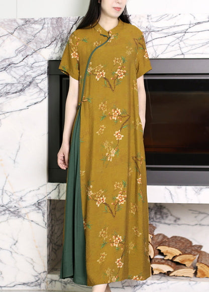Yellow Stand Collar Asymmetrical Print Patchwork Button Linen Long Dresses Short Sleeve