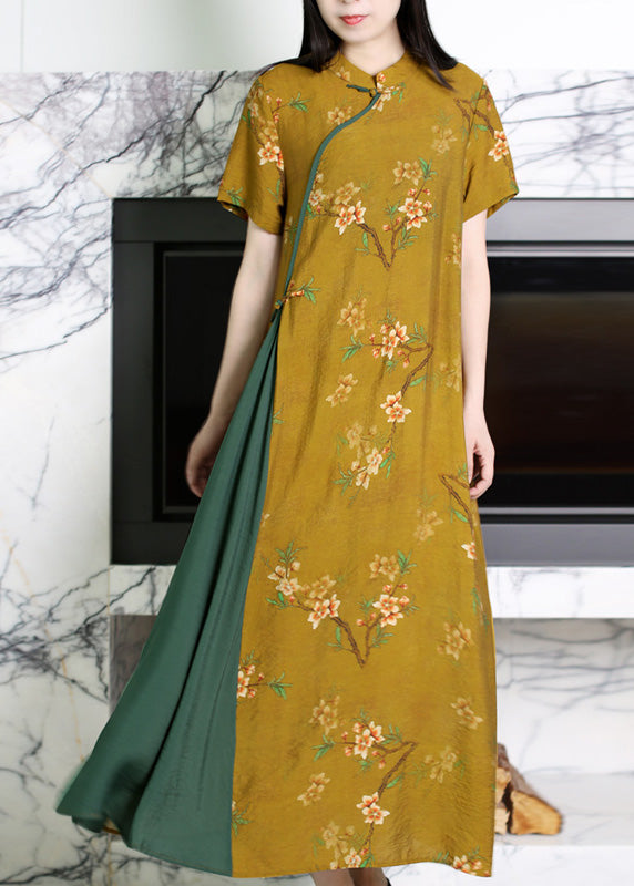 Yellow Stand Collar Asymmetrical Print Patchwork Button Linen Long Dresses Short Sleeve