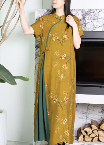Yellow Stand Collar Asymmetrical Print Patchwork Button Linen Long Dresses Short Sleeve