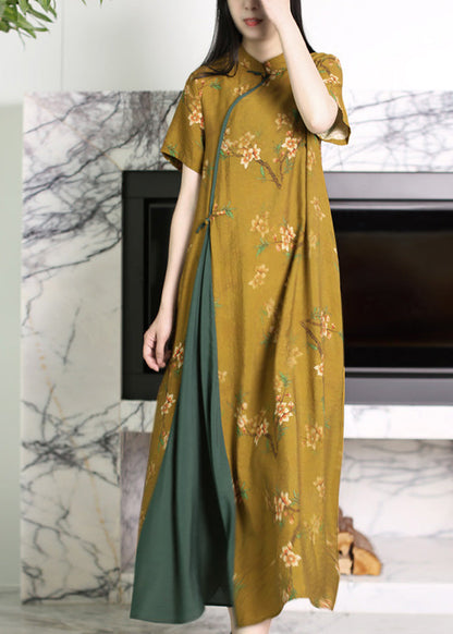 Yellow Stand Collar Asymmetrical Print Patchwork Button Linen Long Dresses Short Sleeve