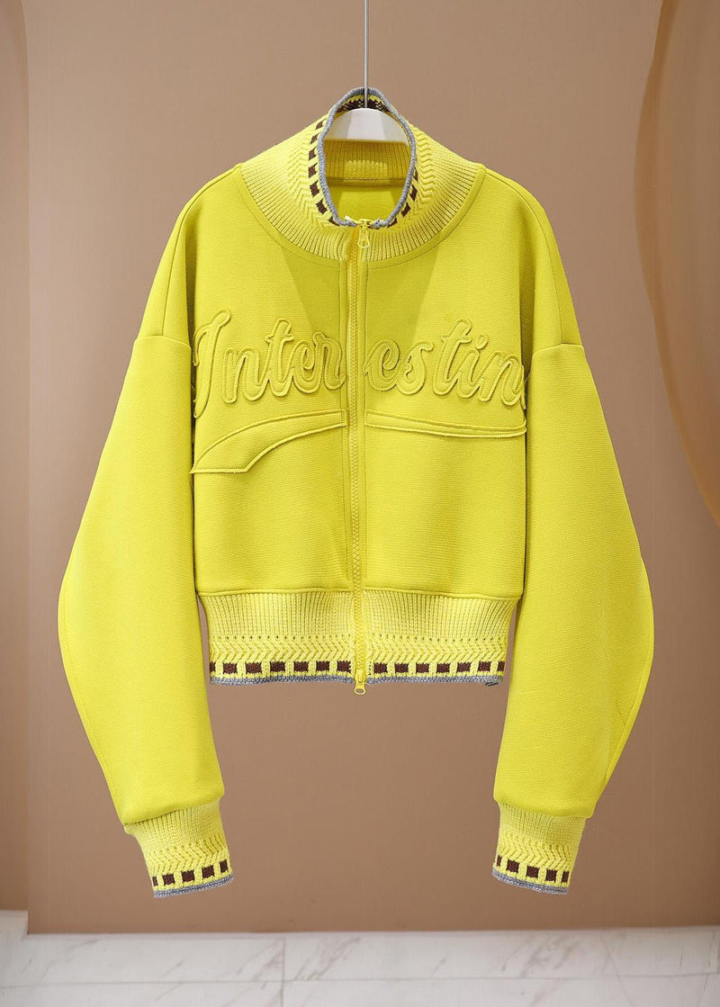 Yellow Stand Collar Graphic Patch Patchwork Coat Spring